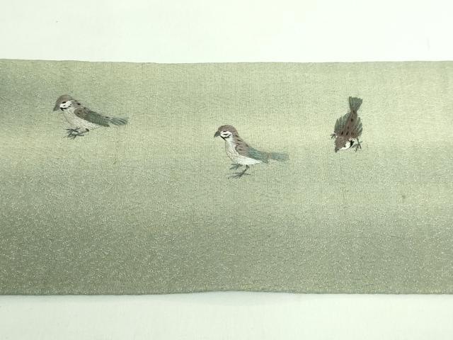 平和屋着物●極上　アンティーク　大正ロマン　九寸名古屋帯　総手刺繍　雀　金糸　逸品　DZAB2869kh6