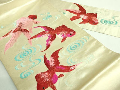 平和屋本店●極上 アンティーク 大正ロマン 九寸名古屋帯 総手刺繍 金魚 金糸 逸品 DZAB2870kh6