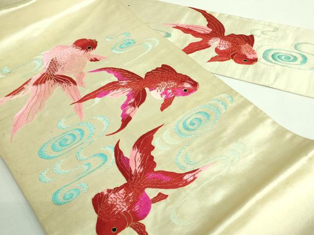 平和屋本店●極上 アンティーク 大正ロマン 九寸名古屋帯 総手刺繍 金魚 金糸 逸品 DZAB2870kh6