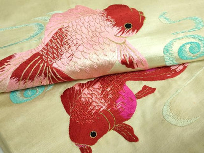 平和屋本店●極上 アンティーク 大正ロマン 九寸名古屋帯 総手刺繍 金魚 金糸 逸品 DZAB2870kh6