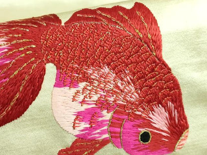 平和屋本店●極上 アンティーク 大正ロマン 九寸名古屋帯 総手刺繍 金魚 金糸 逸品 DZAB2870kh6