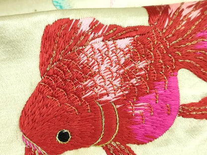 平和屋本店●極上 アンティーク 大正ロマン 九寸名古屋帯 総手刺繍 金魚 金糸 逸品 DZAB2870kh6