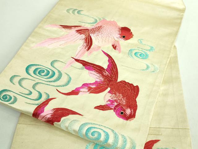 平和屋本店●極上 アンティーク 大正ロマン 九寸名古屋帯 総手刺繍 金魚 金糸 逸品 DZAB2870kh6