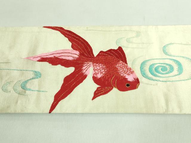 平和屋本店●極上 アンティーク 大正ロマン 九寸名古屋帯 総手刺繍 金魚 金糸 逸品 DZAB2870kh6