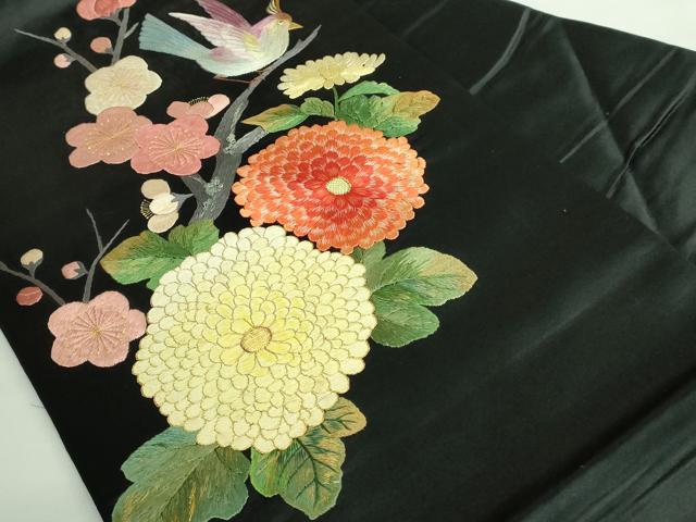 平和屋着物●極上　アンティーク　大正ロマン　九寸名古屋帯　総手刺繍　花鳥文　黒地　金糸　逸品　DZAB2871kh6