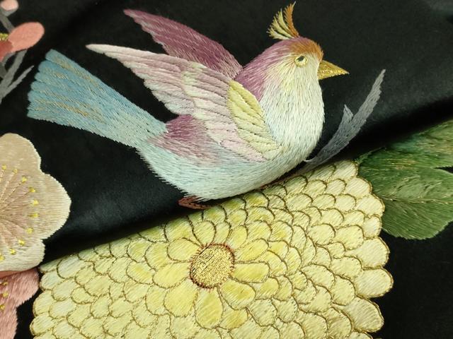 平和屋着物●極上　アンティーク　大正ロマン　九寸名古屋帯　総手刺繍　花鳥文　黒地　金糸　逸品　DZAB2871kh6