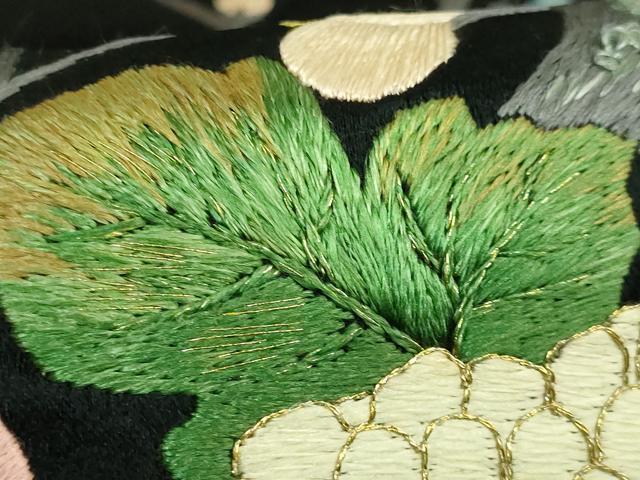 平和屋着物●極上　アンティーク　大正ロマン　九寸名古屋帯　総手刺繍　花鳥文　黒地　金糸　逸品　DZAB2871kh6