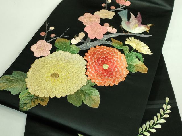 平和屋着物●極上　アンティーク　大正ロマン　九寸名古屋帯　総手刺繍　花鳥文　黒地　金糸　逸品　DZAB2871kh6