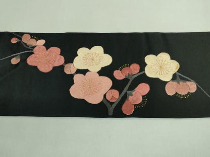 平和屋着物●極上　アンティーク　大正ロマン　九寸名古屋帯　総手刺繍　花鳥文　黒地　金糸　逸品　DZAB2871kh6