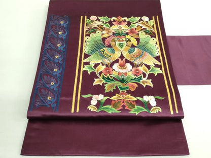 平和屋着物●極上　セミアンティーク　九寸名古屋帯　総刺繍　孔雀花文　金彩　逸品　DZAB2872kh6