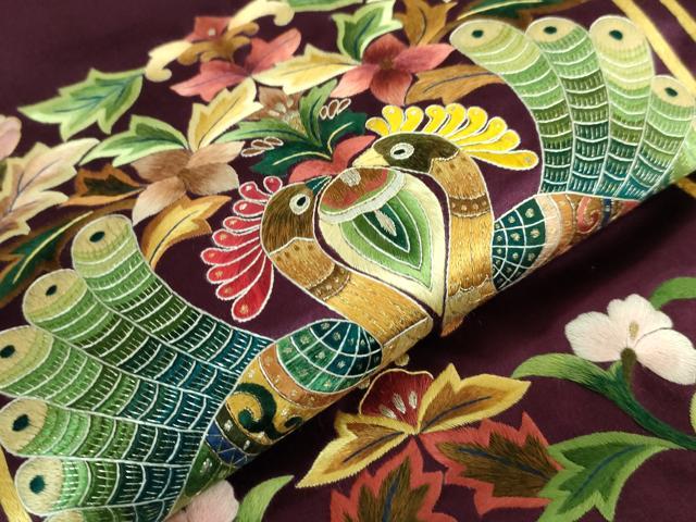 平和屋着物●極上　セミアンティーク　九寸名古屋帯　総刺繍　孔雀花文　金彩　逸品　DZAB2872kh6