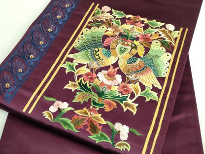 平和屋着物●極上　セミアンティーク　九寸名古屋帯　総刺繍　孔雀花文　金彩　逸品　DZAB2872kh6
