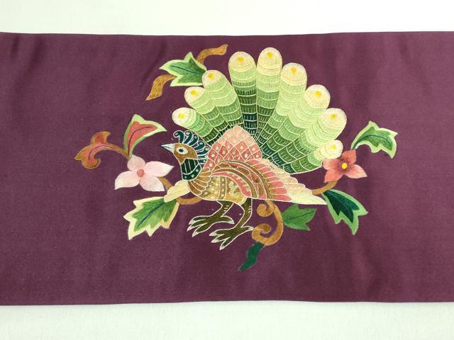 平和屋着物●極上　セミアンティーク　九寸名古屋帯　総刺繍　孔雀花文　金彩　逸品　DZAB2872kh6