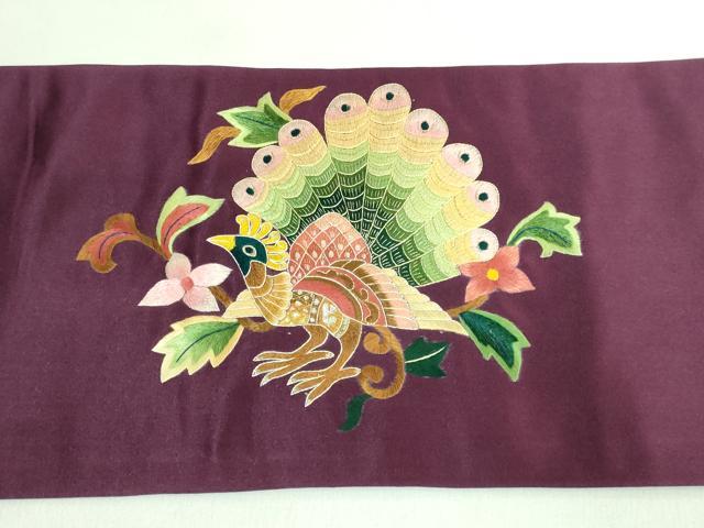 平和屋着物●極上　セミアンティーク　九寸名古屋帯　総刺繍　孔雀花文　金彩　逸品　DZAB2872kh6