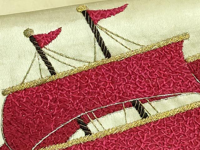 平和屋本店●極上 アンティーク 大正ロマン 九寸名古屋帯 総手刺繍 カモメ 船 金銀糸 逸品 DZAB2874kh6