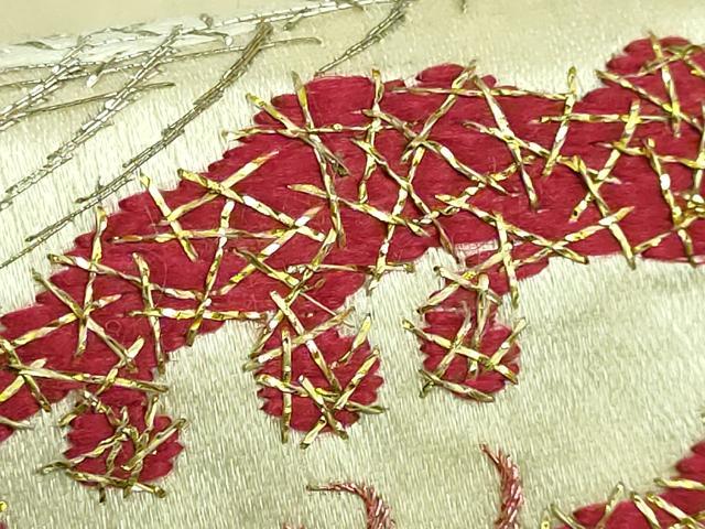 平和屋本店●極上 アンティーク 大正ロマン 九寸名古屋帯 総手刺繍 カモメ 船 金銀糸 逸品 DZAB2874kh6