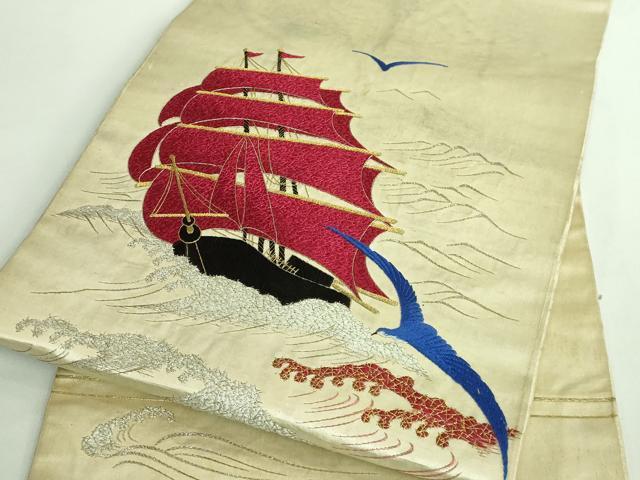 平和屋本店●極上 アンティーク 大正ロマン 九寸名古屋帯 総手刺繍 カモメ 船 金銀糸 逸品 DZAB2874kh6