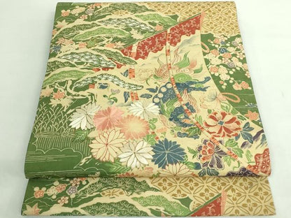 平和屋本店●極上 アンティーク 大正ロマン 丸帯 引き抜き帯 刺繍 几帳唐獅子花文 逸品 DZAB2876kh6