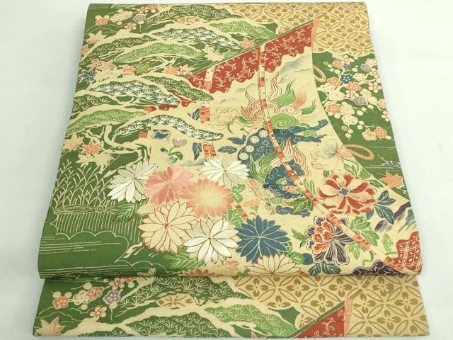 平和屋本店●極上 アンティーク 大正ロマン 丸帯 引き抜き帯 刺繍 几帳唐獅子花文 逸品 DZAB2876kh6