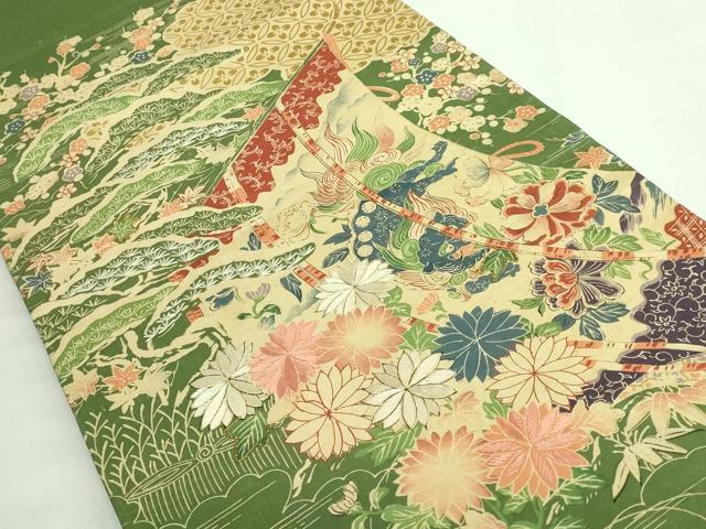 平和屋本店●極上 アンティーク 大正ロマン 丸帯 引き抜き帯 刺繍 几帳唐獅子花文 逸品 DZAB2876kh6
