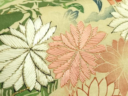 平和屋本店●極上 アンティーク 大正ロマン 丸帯 引き抜き帯 刺繍 几帳唐獅子花文 逸品 DZAB2876kh6