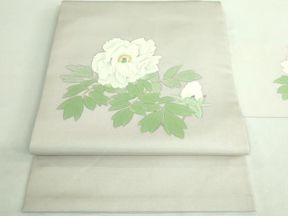 平和屋着物●極上　塩瀬　九寸名古屋帯　手描き　枝花文　灰色地　逸品　DZAB2884kh6