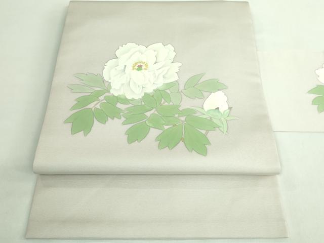 平和屋着物●極上　塩瀬　九寸名古屋帯　手描き　枝花文　灰色地　逸品　DZAB2884kh6