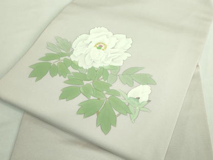 平和屋着物●極上　塩瀬　九寸名古屋帯　手描き　枝花文　灰色地　逸品　DZAB2884kh6