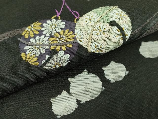 平和屋着物●極上　西陣　河瀬満織物謹製　両面　全通柄袋帯　鈴　葉尽くし　黒地　金糸　証紙・反端付き　逸品　DZAB2885kh6