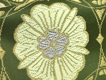 平和屋着物●極上　六通柄袋帯　唐織　花丸四季文　濃い苔色地　金銀糸　逸品　DZAB2891kh6　