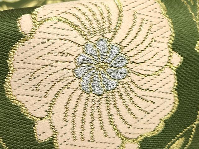 平和屋着物●極上　六通柄袋帯　唐織　花丸四季文　濃い苔色地　金銀糸　逸品　DZAB2891kh6　