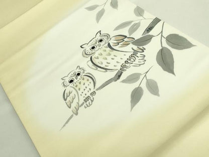 平和屋着物●極上　九寸開き名古屋帯　手描き　ミミズク　逸品　DZAB2894kh6