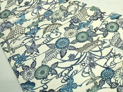平和屋着物●極上　九寸名古屋帯　紬地　型染め　藍　流水花蝶文　逸品　DZAB2898kh6