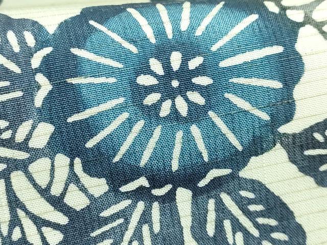平和屋着物●極上　九寸名古屋帯　紬地　型染め　藍　流水花蝶文　逸品　DZAB2898kh6