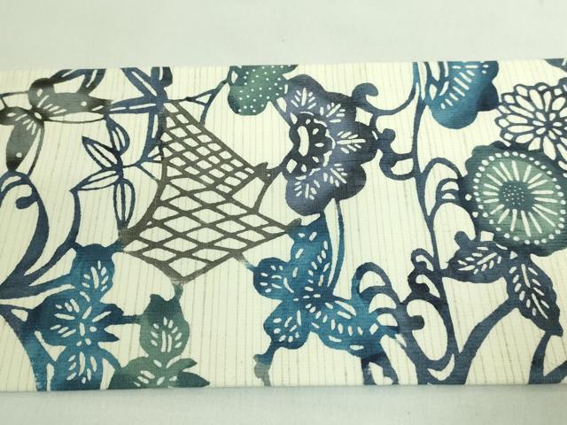 平和屋着物●極上　九寸名古屋帯　紬地　型染め　藍　流水花蝶文　逸品　DZAB2898kh6