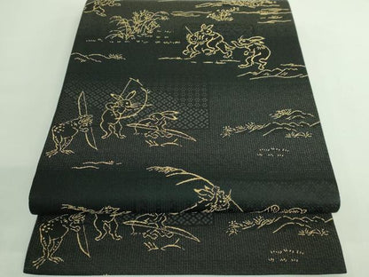 平和屋着物●極上　両面　全通柄袋帯　鳥獣戯画　黒地　逸品　DZAB2904kh6
