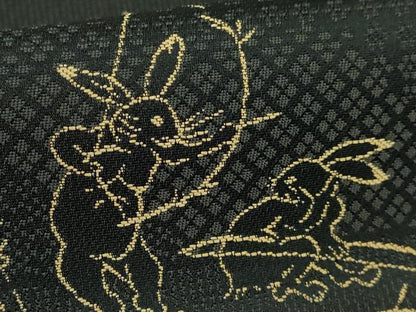 平和屋着物●極上　両面　全通柄袋帯　鳥獣戯画　黒地　逸品　DZAB2904kh6