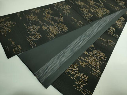 平和屋着物●極上　両面　全通柄袋帯　鳥獣戯画　黒地　逸品　DZAB2904kh6