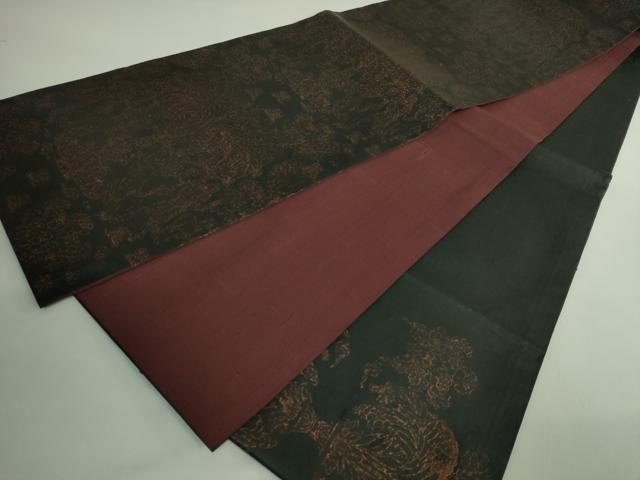 平和屋着物●極上　ファッションデザイナー　稲葉賀恵　太鼓柄袋帯　紬地　刺繍　樹下人獣花文　黒地　逸品　DZAB2909kh6