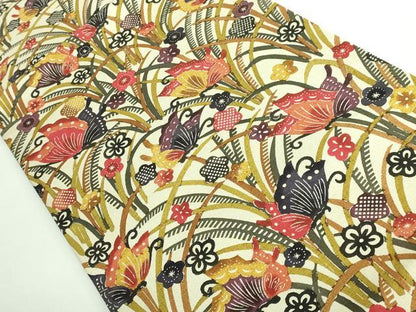 平和屋着物●極上　九寸開き名古屋帯　紬地　紅型　花蝶文　逸品　未使用　DZAB2919kh6