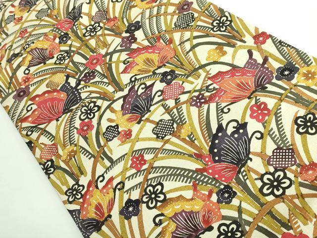 平和屋着物●極上　九寸開き名古屋帯　紬地　紅型　花蝶文　逸品　未使用　DZAB2919kh6