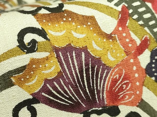 平和屋着物●極上　九寸開き名古屋帯　紬地　紅型　花蝶文　逸品　未使用　DZAB2919kh6