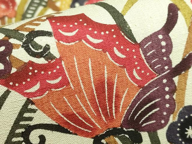 平和屋着物●極上　九寸開き名古屋帯　紬地　紅型　花蝶文　逸品　未使用　DZAB2919kh6