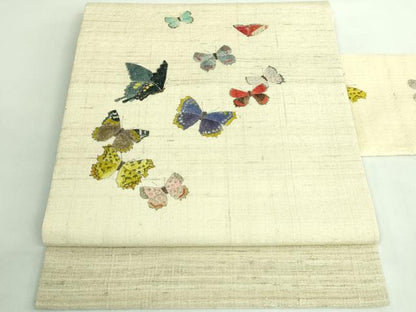 平和屋着物●極上　九寸名古屋帯　生紬　手描き　舞蝶文　逸品　DZAB2924kh6