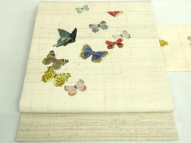 平和屋着物●極上　九寸名古屋帯　生紬　手描き　舞蝶文　逸品　DZAB2924kh6