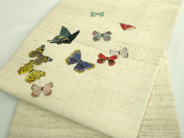 平和屋着物●極上　九寸名古屋帯　生紬　手描き　舞蝶文　逸品　DZAB2924kh6