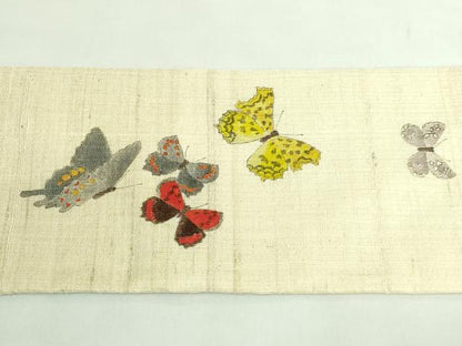 平和屋着物●極上　九寸名古屋帯　生紬　手描き　舞蝶文　逸品　DZAB2924kh6