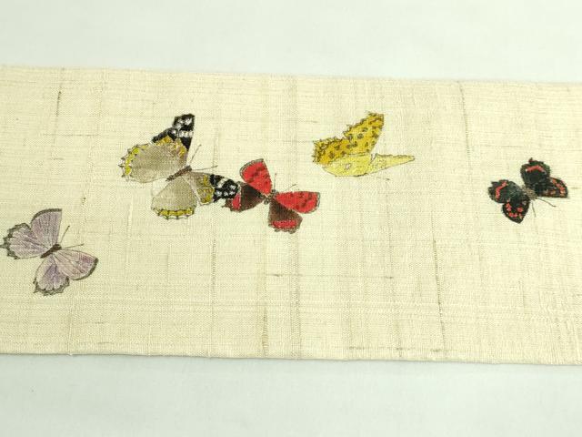 平和屋着物●極上　九寸名古屋帯　生紬　手描き　舞蝶文　逸品　DZAB2924kh6