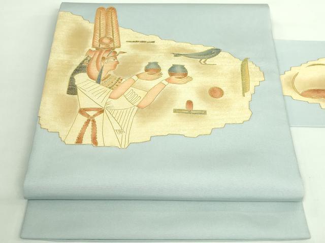 平和屋着物●極上　塩瀬　九寸名古屋帯　エジプト壁画文様　湊鼠色地　金彩　逸品　DZAB2931kh6