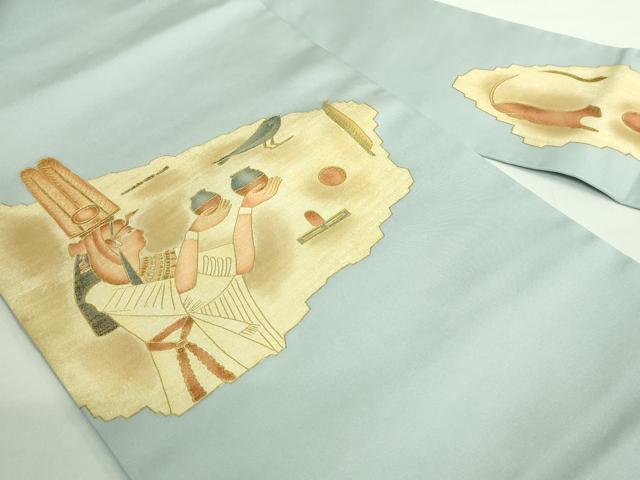 平和屋着物●極上　塩瀬　九寸名古屋帯　エジプト壁画文様　湊鼠色地　金彩　逸品　DZAB2931kh6